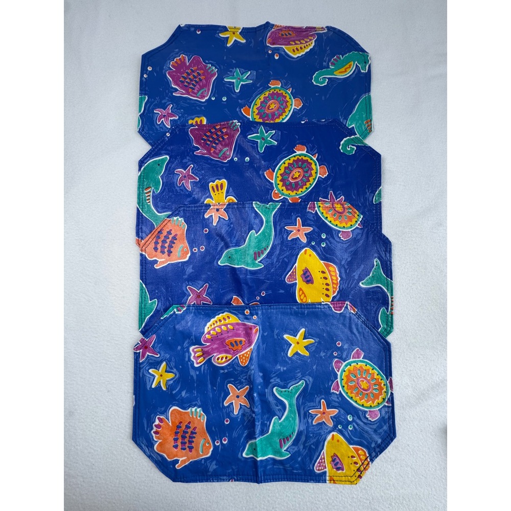 Coastal Sea Life Placemat Set Blue Ocean Fish Sea Turtle Wipeable Vinyl 4pc
